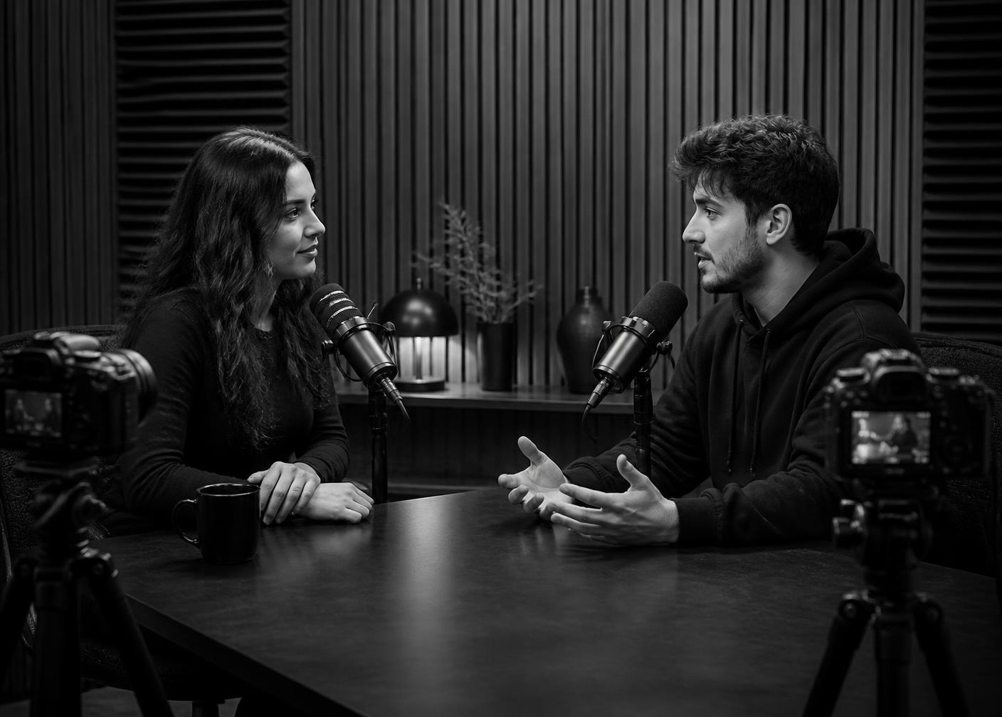 Two podcast hosts recording a conversation with microphones and cameras